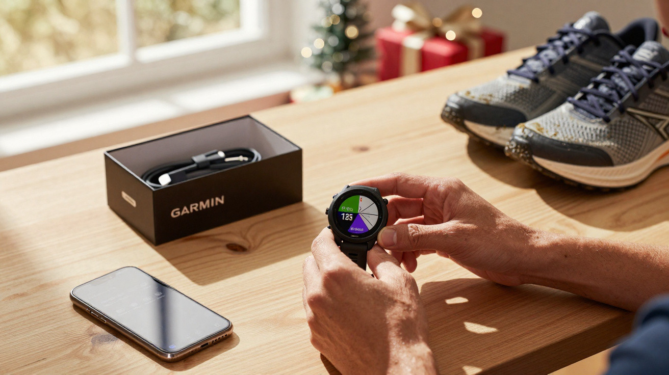 Pessoa ajustando relógio Garmin inteligente sobre mesa com tênis, celular e caixa da marca ao fundo.