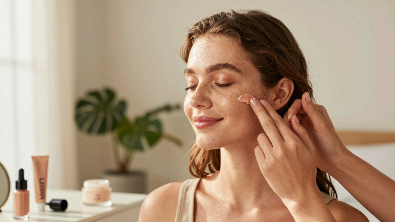 Mulher sorrindo com olhos fechados aplicando creme facial com a ajuda de outra pessoa.