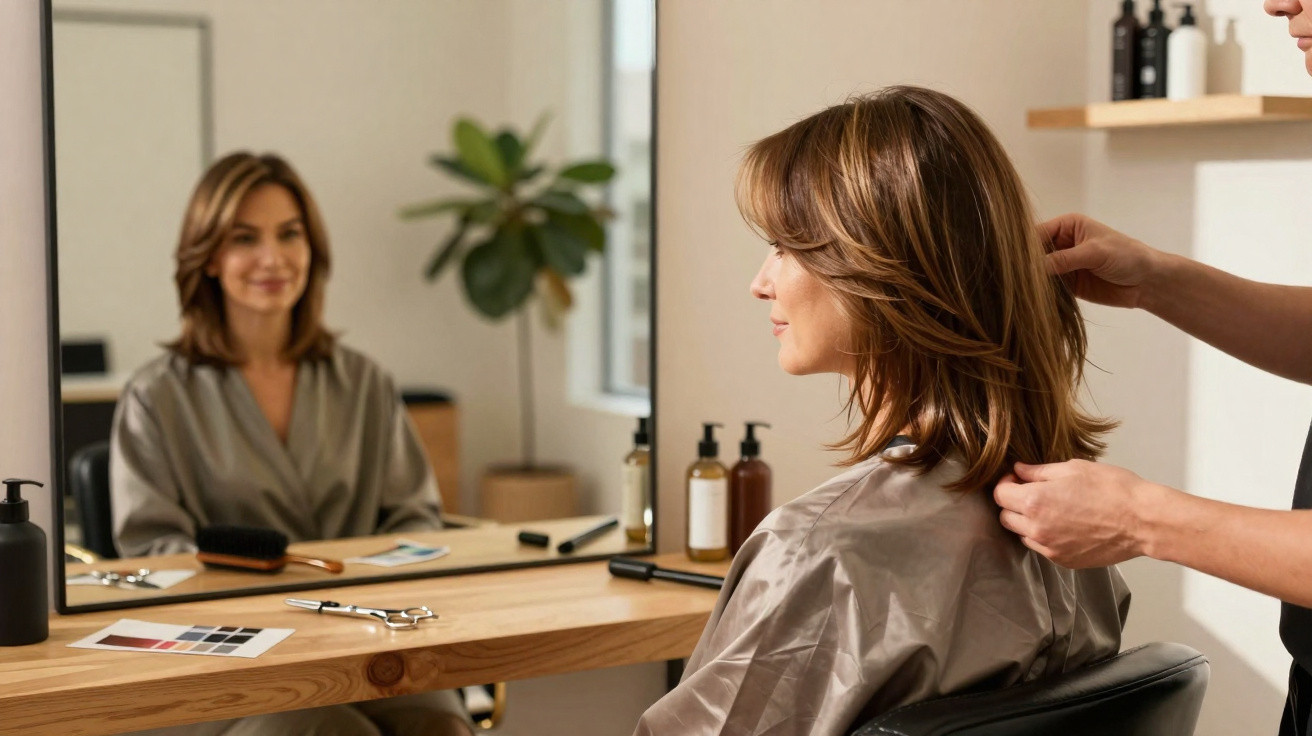 Mulher sentada em cadeira de salão com capa, recebendo corte de cabelo, refletida no espelho à frente.