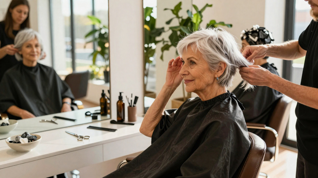 Mulher idosa com cabelo grisalho sendo penteada por cabeleireiro em salão moderno com espelhos.