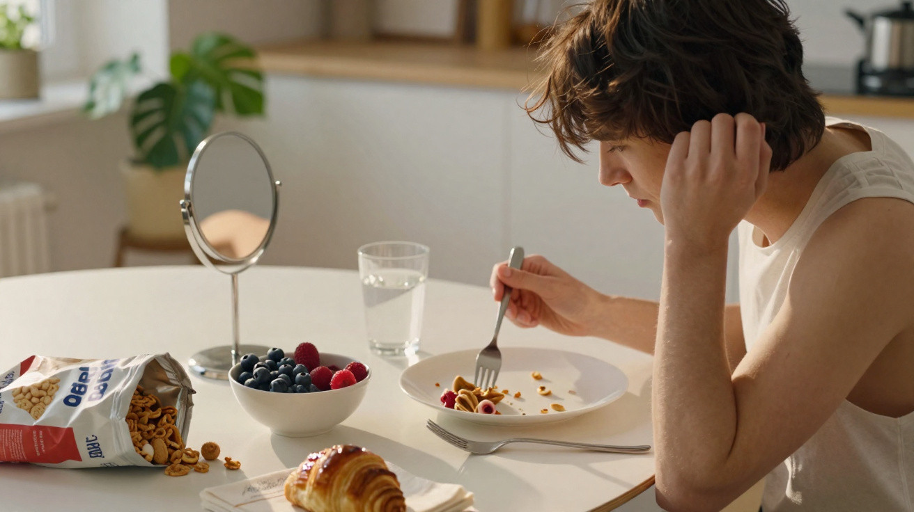 Pessoa almoçando cereal com frutas vermelhas em uma mesa com croissant e copo d'água.