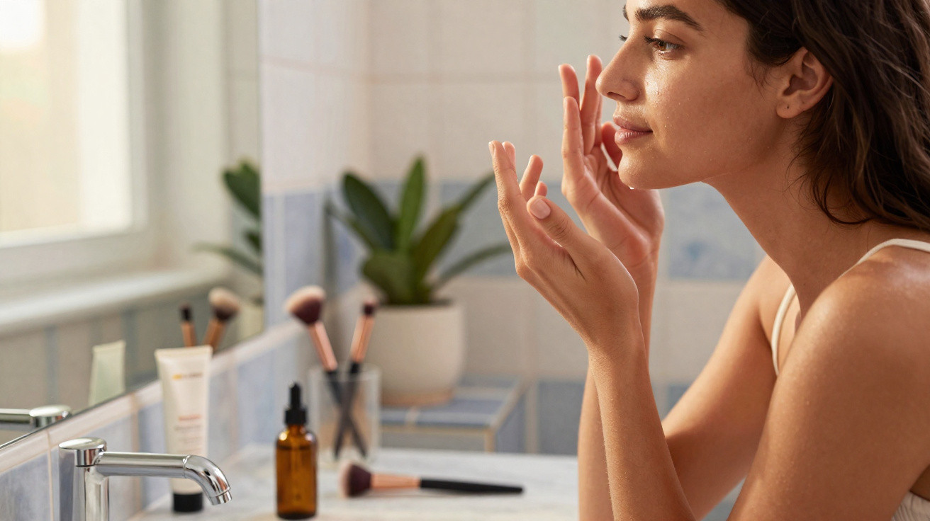 Mulher aplicando creme no rosto em frente ao espelho no banheiro com produtos de beleza na pia.