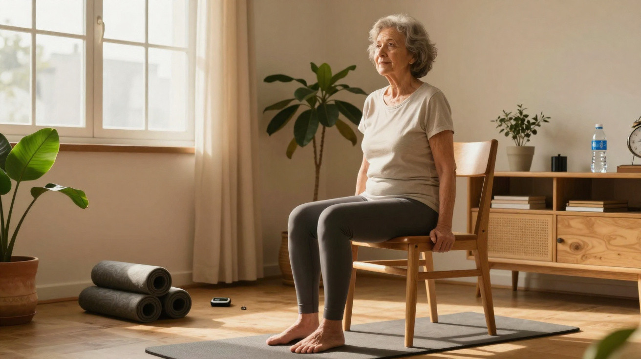 Idosa fazendo exercício sentado em cadeira em sala com planta e tapete de yoga ao fundo.
