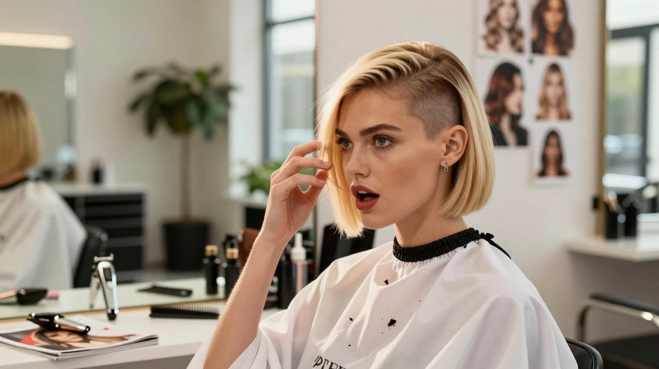 Mulher com corte de cabelo moderno em salão de beleza, vestindo capa branca e olhando para o espelho.