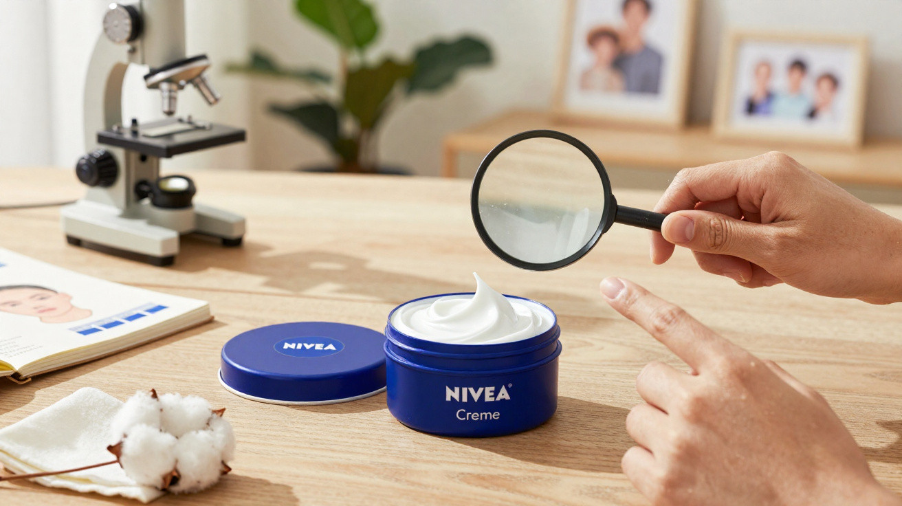 Mãos segurando lupa sobre pote aberto de creme Nivea em mesa com microscópio e algodão ao fundo.