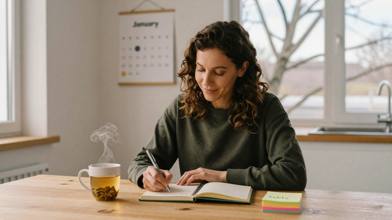 Mulher sorridente escrevendo em caderno à mesa com xícara de chá quente ao lado, ambiente iluminado.