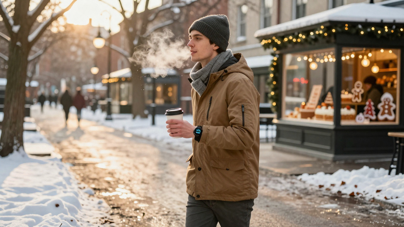 Jovem com roupas de inverno segurando copo de café em rua de neve ao pôr do sol.
