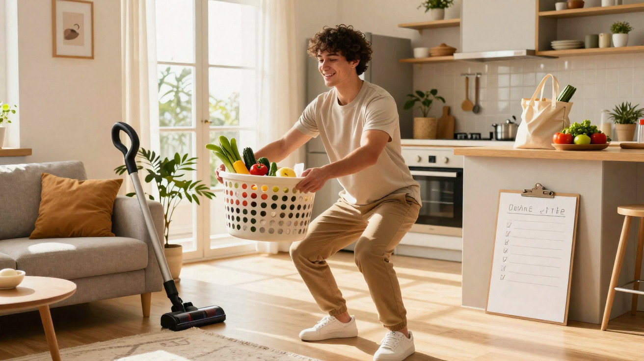 Jovem sorridente segurando cesta de legumes na cozinha iluminada enquanto se exercita em casa.