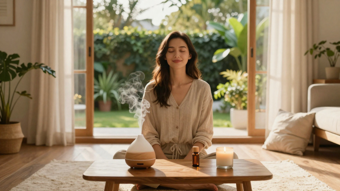 Mulher meditando sentada no chão com aromatizador, vela e óleo essencial em mesa baixa na sala iluminada.