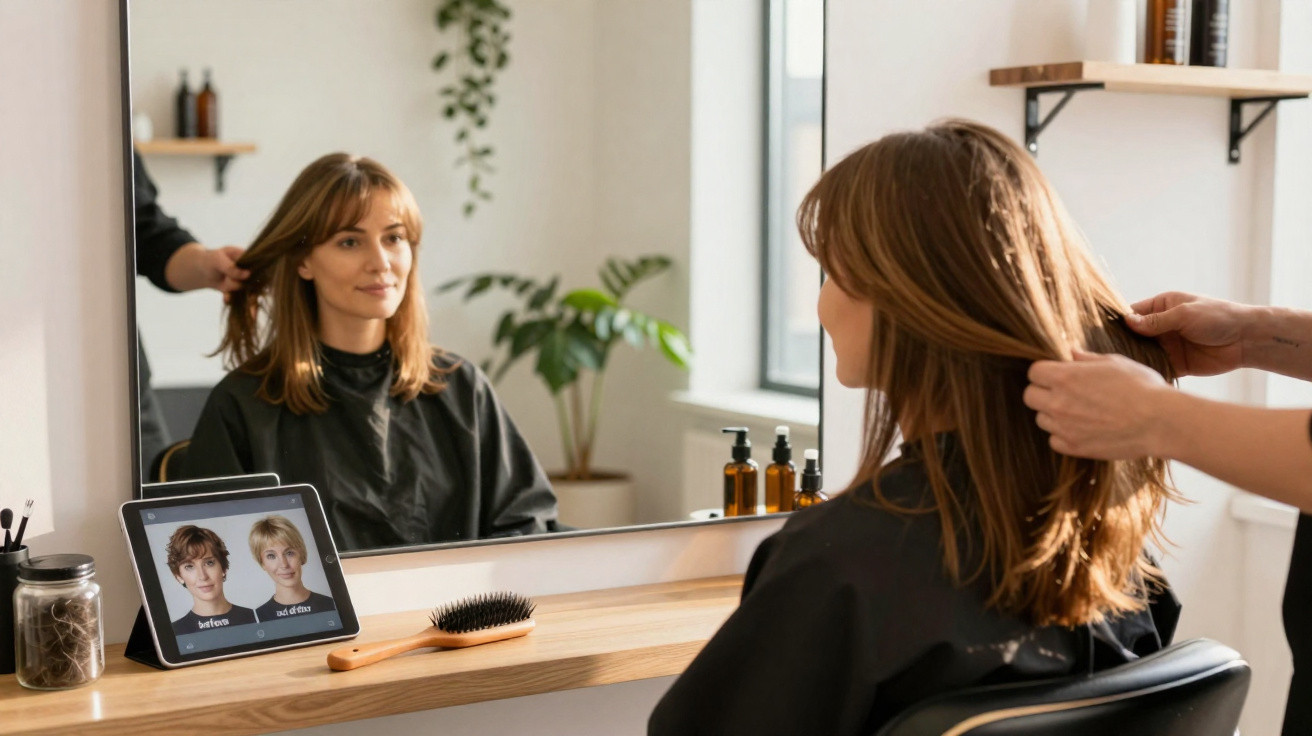 Mulher no salão de beleza fazendo teste de corte de cabelo refletida no espelho.