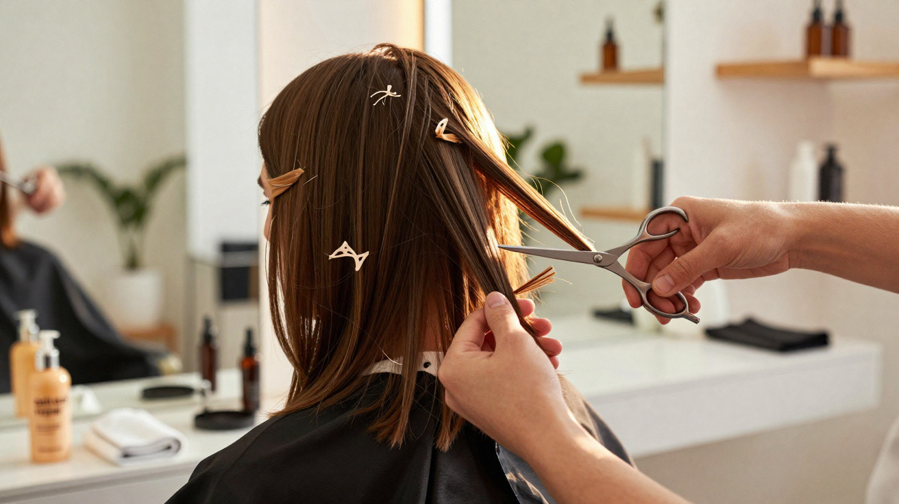 Pessoa cortando o cabelo castanho em salão moderno com espelho e produtos ao fundo.