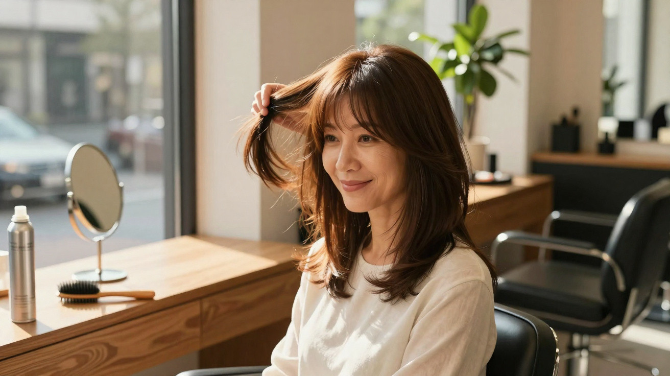 Mulher sorrindo em salão de beleza, ajeitando cabelo castanho com luz natural entrando pela janela.