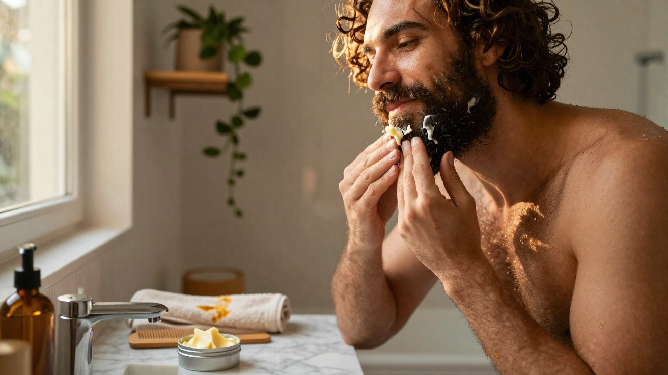 Homem aplica creme na barba em banheiro iluminado pela luz natural da janela.