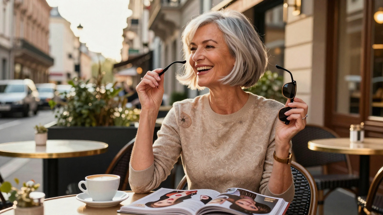 Mulher madura sorridente tirando óculos no café ao ar livre com revista e xícara de café na mesa.