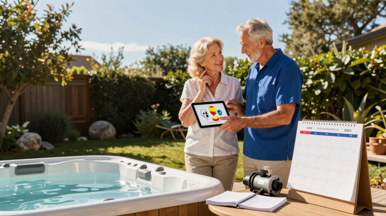 Casal idoso em jardim com tablet, piscina de hidromassagem, calendário e caderno sobre mesa ao ar livre.
