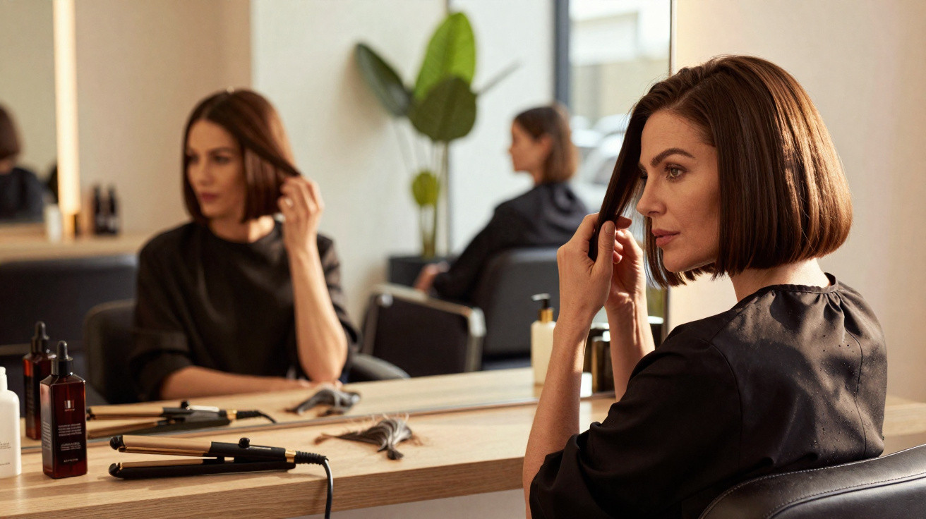 Mulher com cabelo curto liso analisando o corte no espelho em salão de beleza.