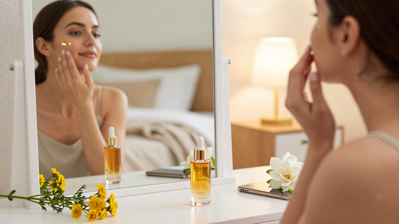 Mulher aplicando sérum facial em frente ao espelho em ambiente com decoração minimalista e flores amarelas.