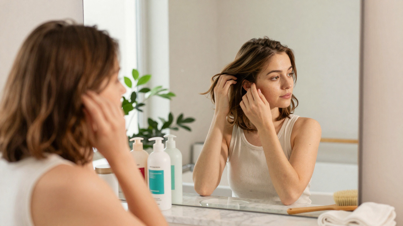 Mulher arrumando o cabelo em frente ao espelho com frascos de produtos sobre a bancada.