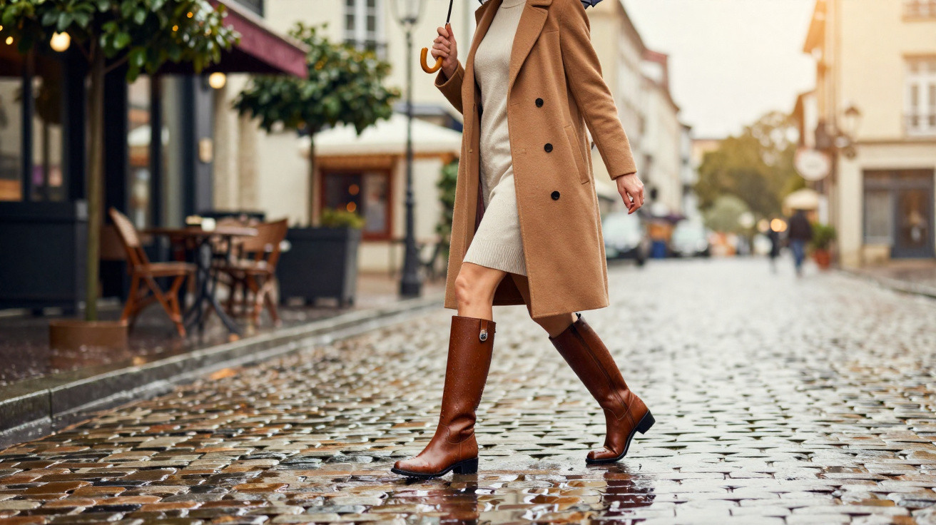 Pessoa caminhando com bota marrom e casaco bege em rua de paralelepípedo molhada e guarda-chuva.