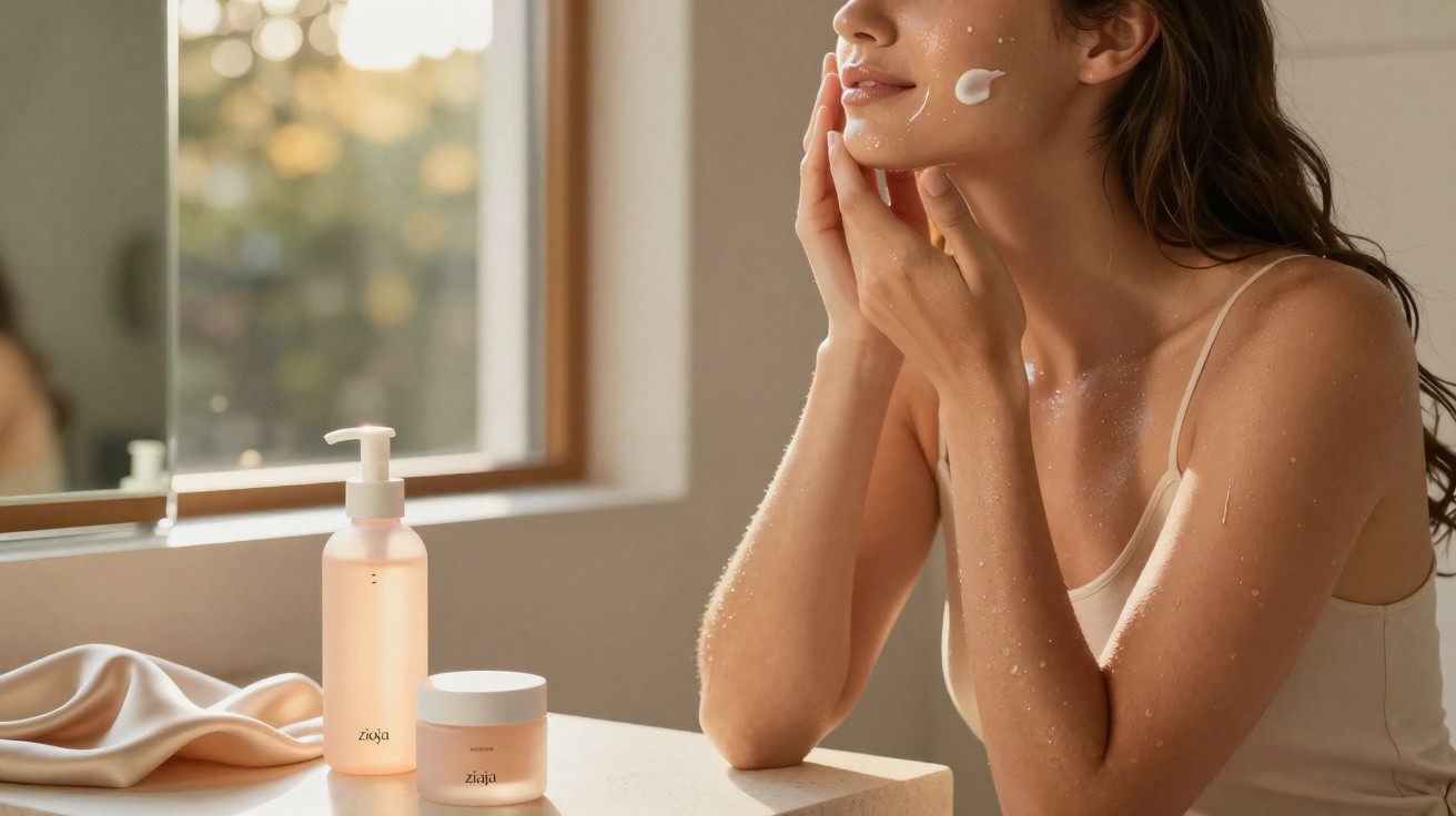 Mulher aplicando creme facial em frente ao espelho, com produtos de skincare sobre bancada clara.