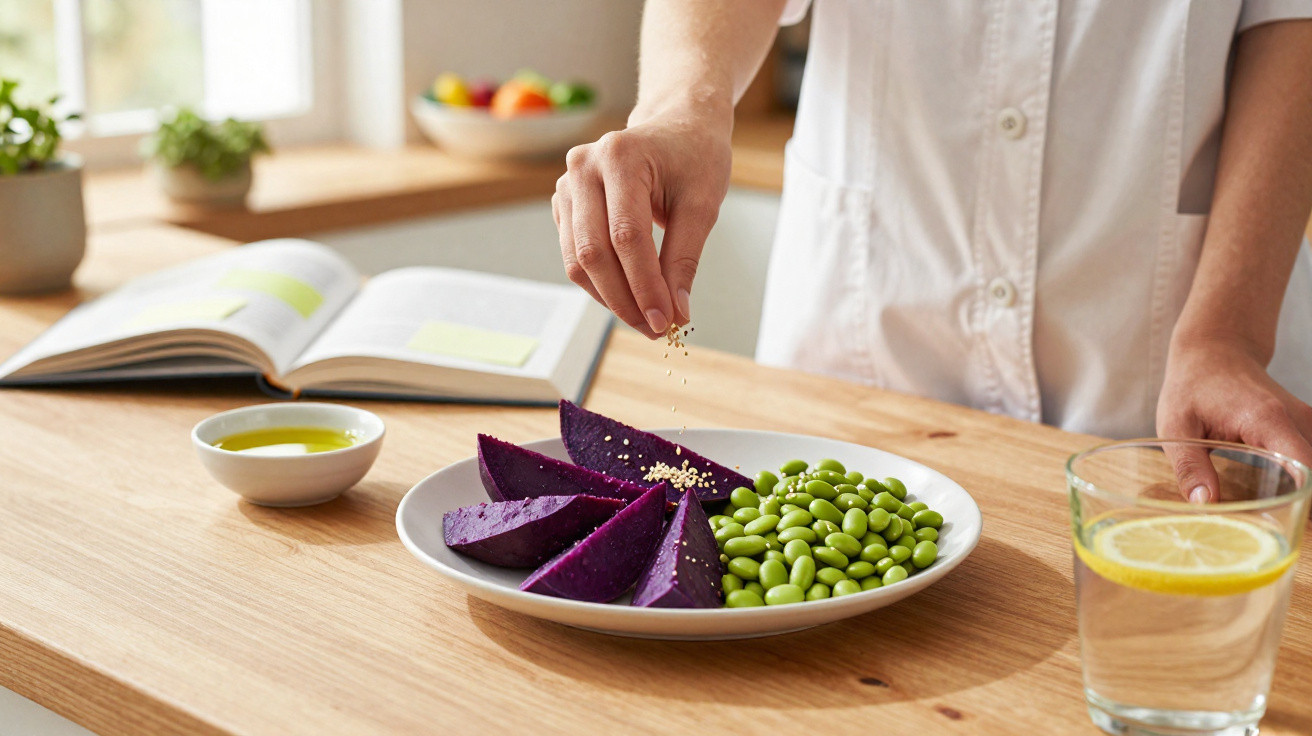 Pessoa temperando batata-doce roxa e edamame em prato branco sobre bancada de madeira.