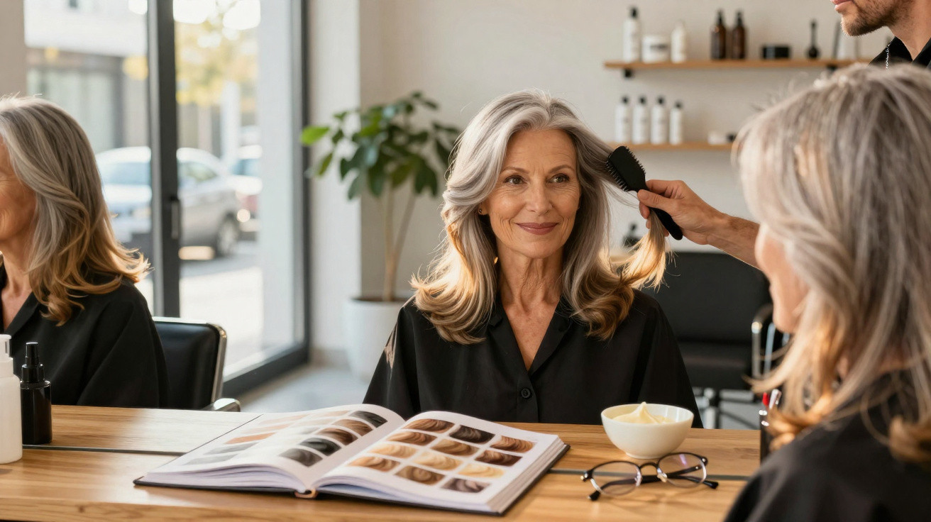 Mulher madura sorrindo enquanto cabeleireiro penteia seu cabelo em salão moderno.