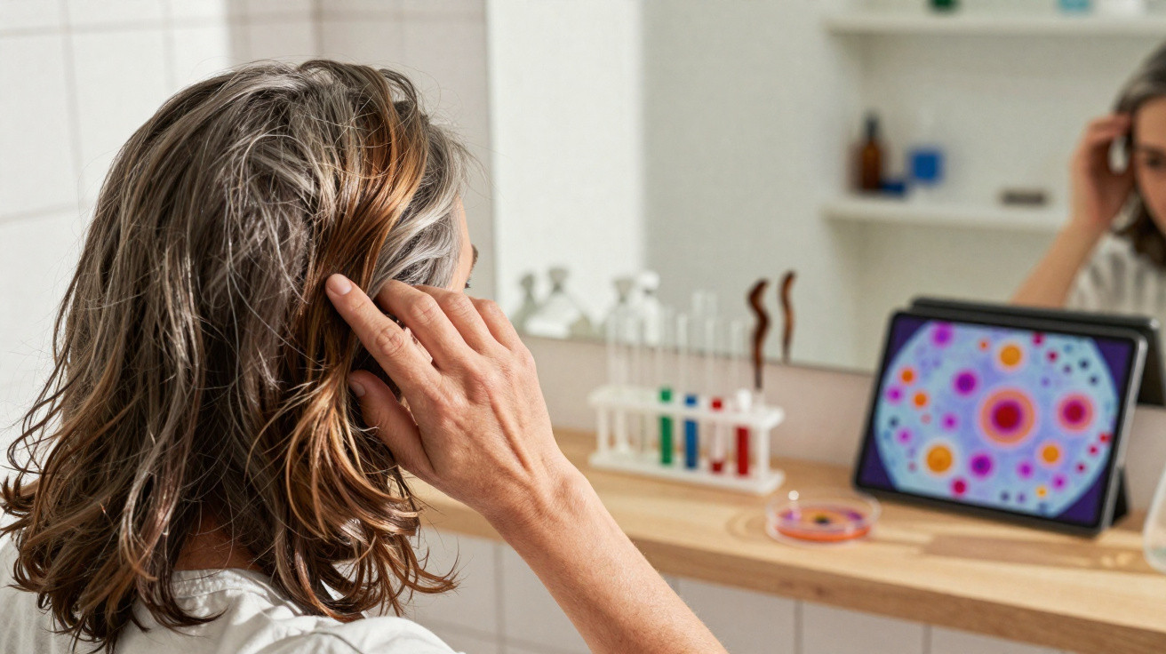 Pessoa olhando para um tablet com imagem colorida de células, enquanto toca no cabelo diante de um espelho.