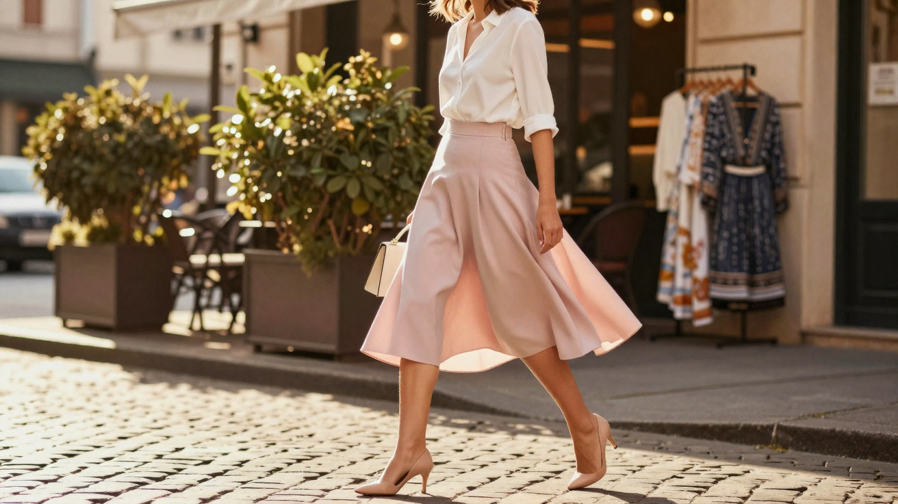 Mulher caminhando na rua com saia midi rosa, blusa branca e sapatos de salto alto nude.