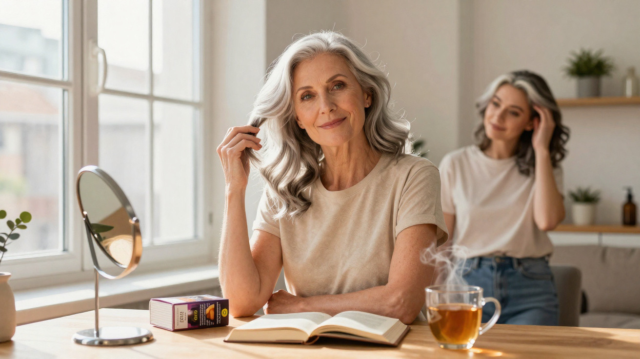 Mulher madura sorrindo sentada à mesa com livro aberto, chá quente e espelho, com jovem ao fundo em ambiente iluminado.