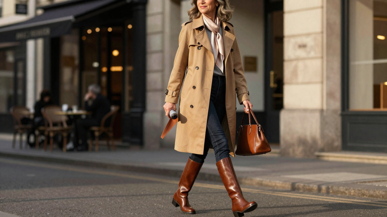 Mulher elegante caminhando na rua com casaco bege, bota e bolsa marrom, segurando um rolo de papel.