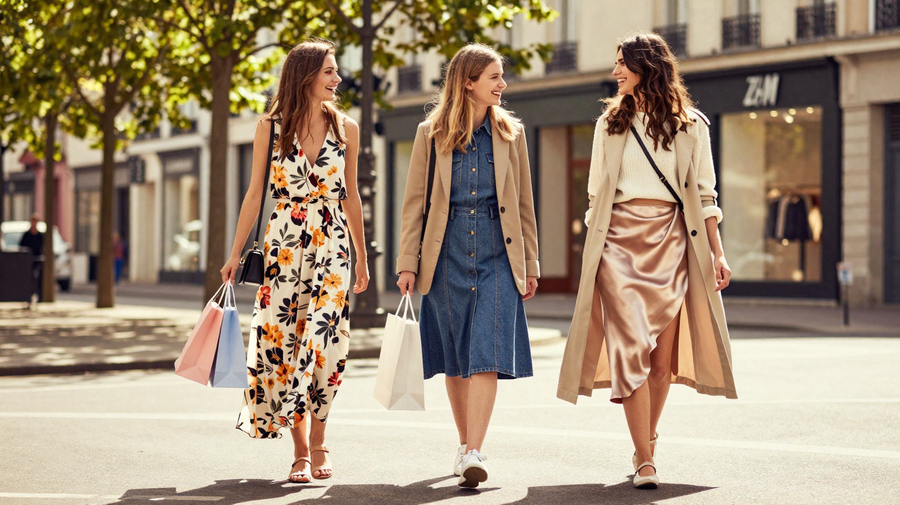 Três mulheres sorrindo e caminhando com sacolas de compras em rua ensolarada e arborizada.