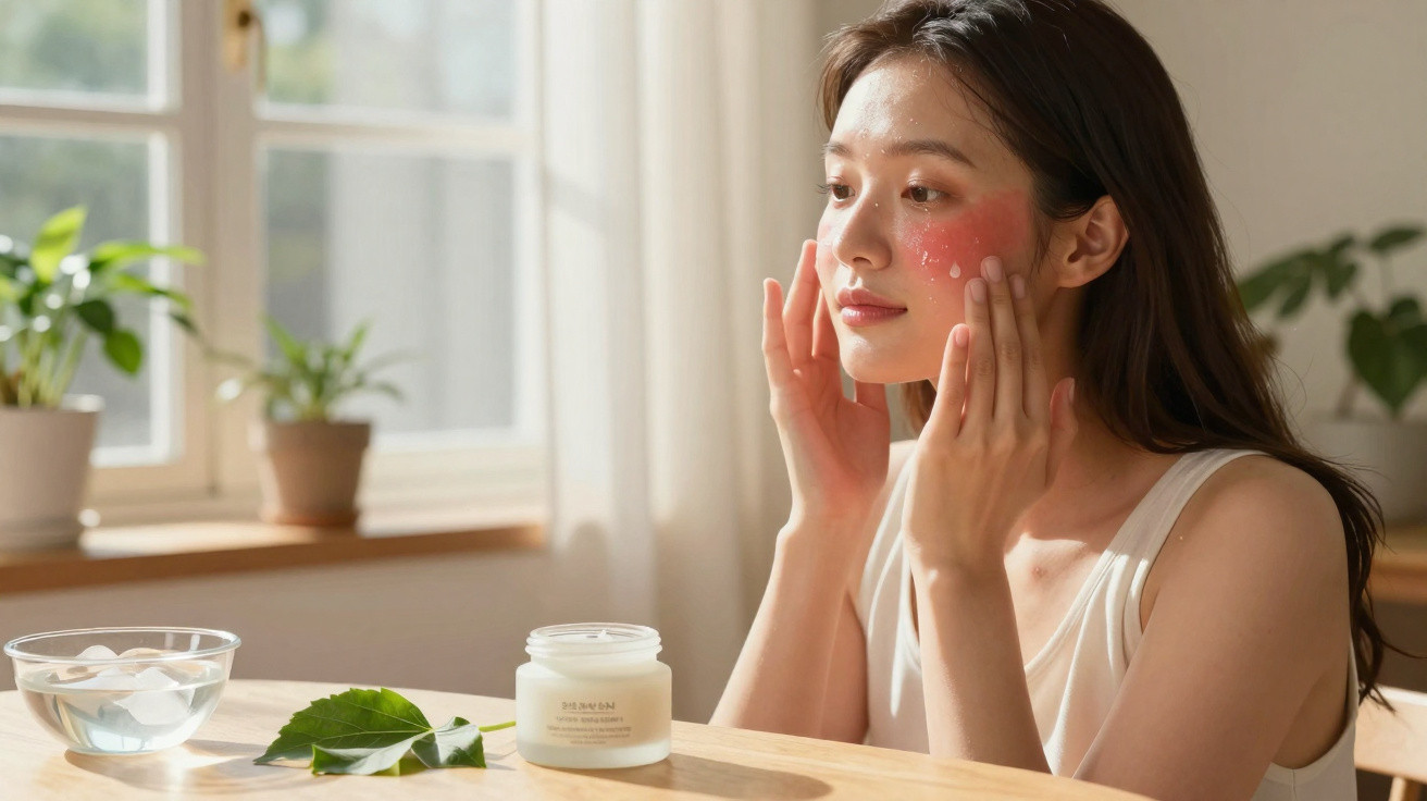 Mulher aplicando creme facial hidratante em ambiente iluminado com plantas ao fundo.