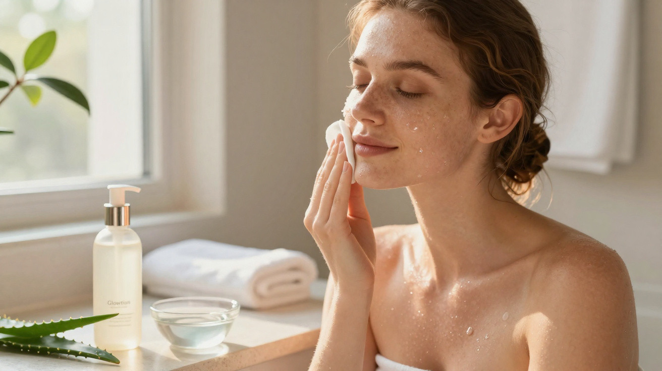 Mulher com toalha no ombro aplicando produto facial com algodão em ambiente claro e tranquilo.