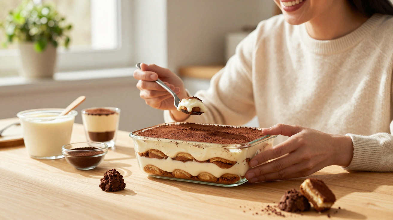 Pessoa sorrindo pegando colherada de tiramisu em pote de vidro sobre mesa de madeira clara.