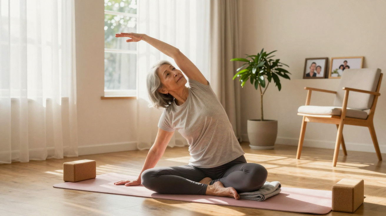 Mulher idosa fazendo alongamento sentado no tapete de yoga em sala iluminada e arejada.