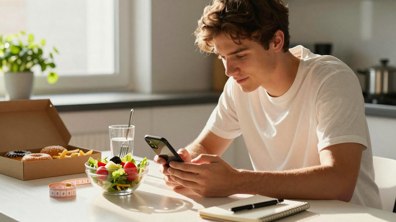 Jovem sentado à mesa com salada, telefone, anotações, caixa de fast food e fita métrica na cozinha iluminada.