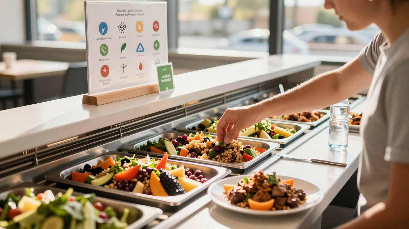 Pessoa se servindo em buffet com variedade de saladas e alimentos saudáveis em restaurante iluminado.