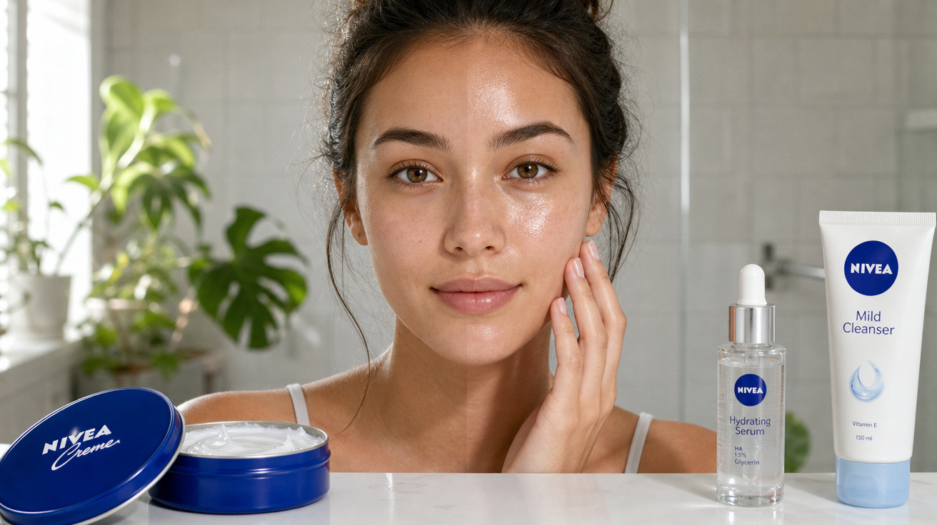 Mulher com pele hidratada ao lado de produtos Nivea para cuidado facial em bancada branca.