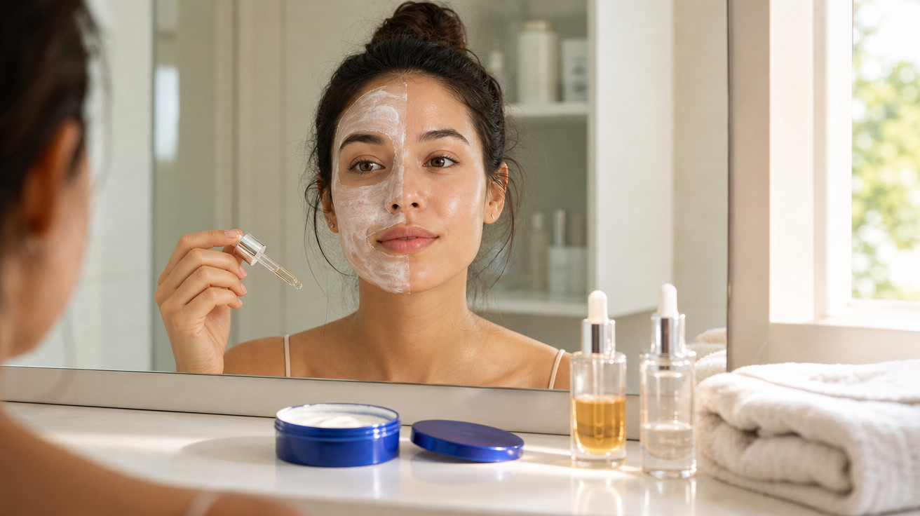 Mulher aplicando creme facial com metade do rosto coberto por máscara, em frente ao espelho do banheiro.