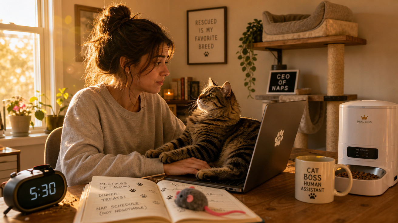 Mulher olhando para gato sentado no laptop em mesa com agenda, relógio e caneca temática de gato.
