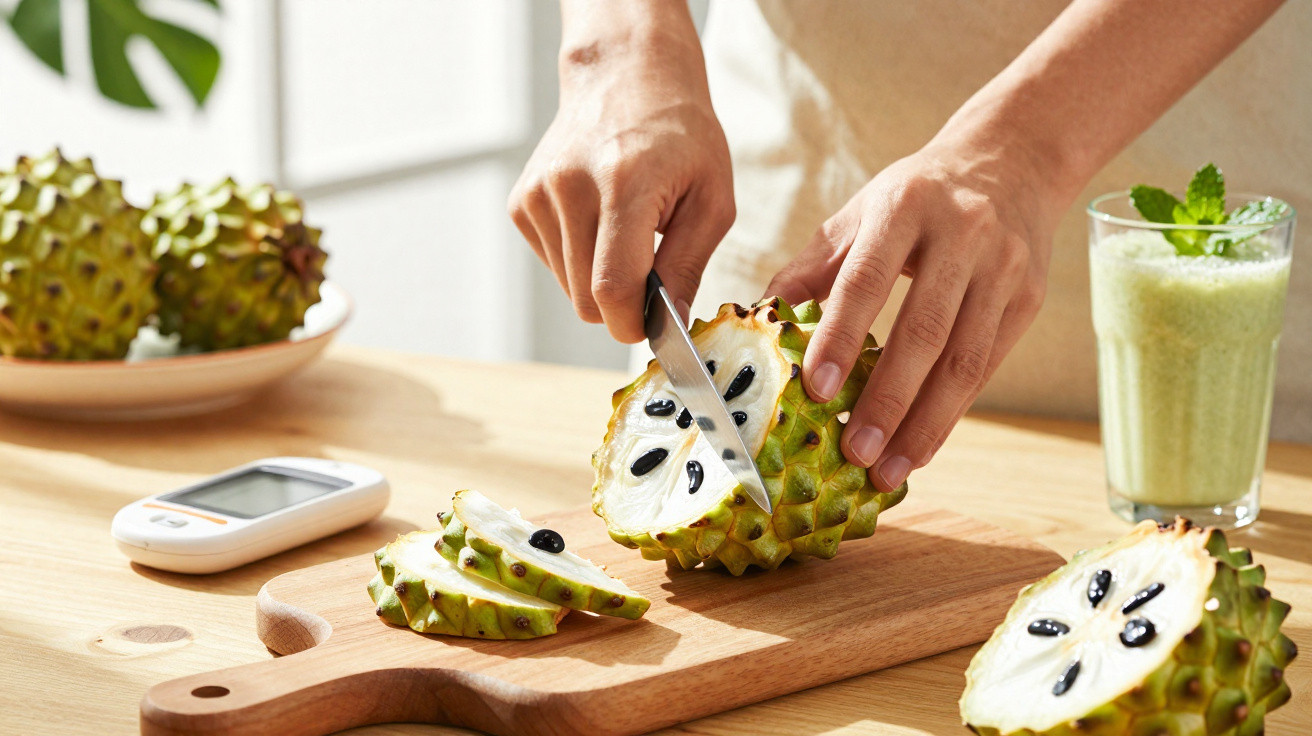 Pessoa cortando fruta graviola em tábua de madeira com copo de suco verde ao lado.