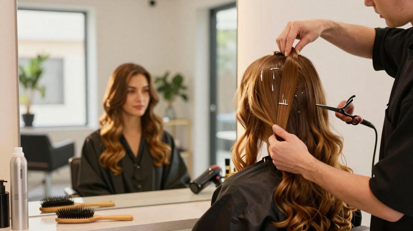 Homem alisando cabelo de mulher loira sentada em salão de beleza com espelho à frente.