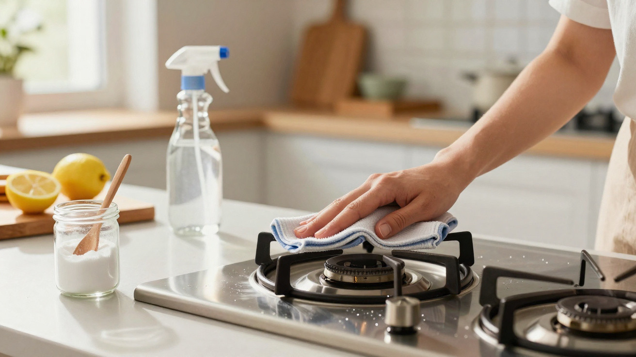 Pessoa limpando fogão a gás com pano em cozinha clara organizada, com limões e spray ao fundo.