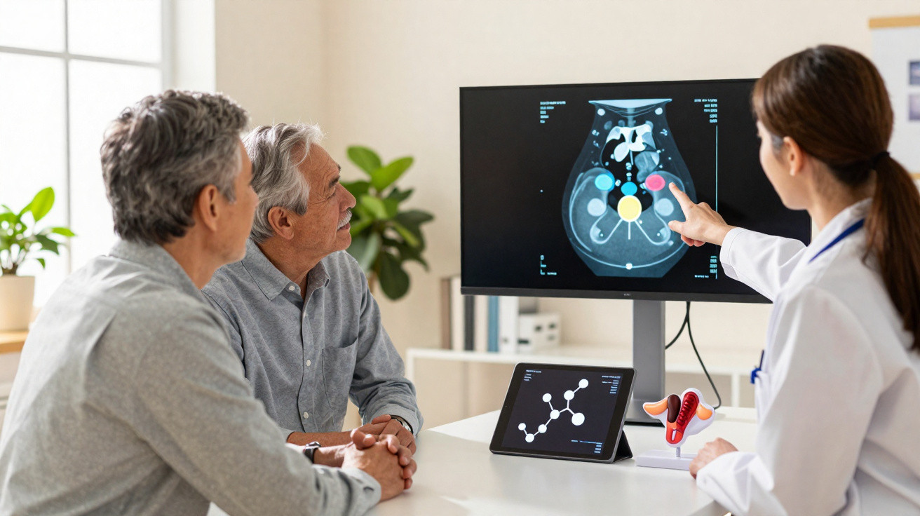 Médica explicando exames de imagens abdominais para dois pacientes idosos em consultório.