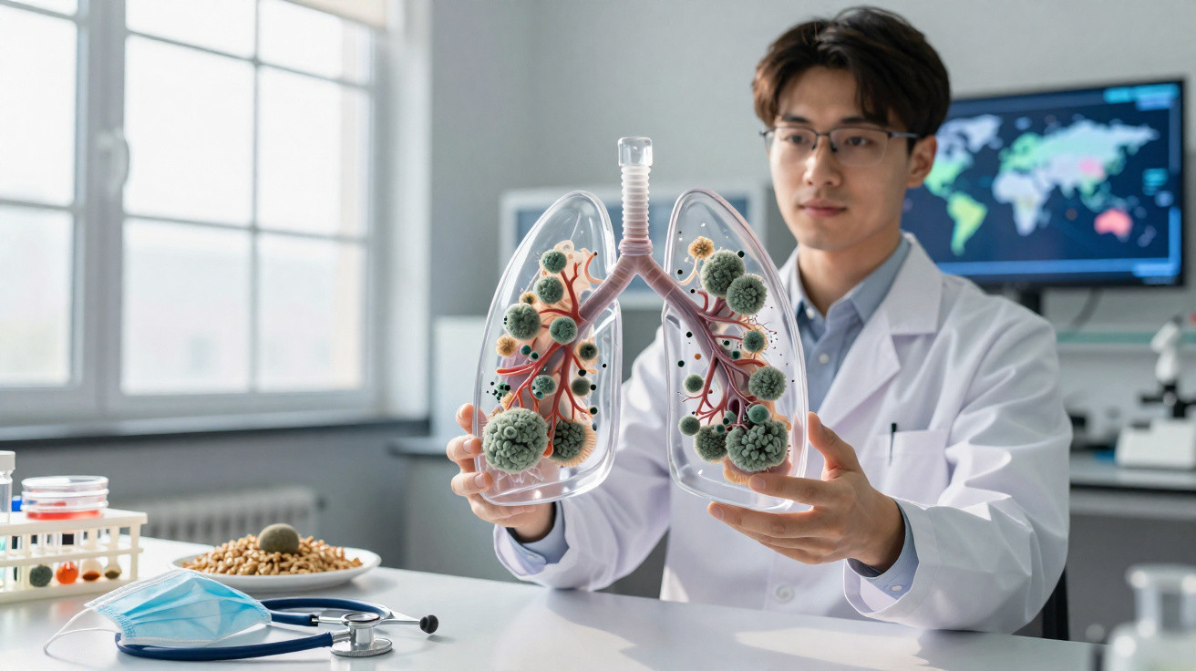 Homem com jaleco segurando modelo transparente de pulmões com vírus visíveis em laboratório.