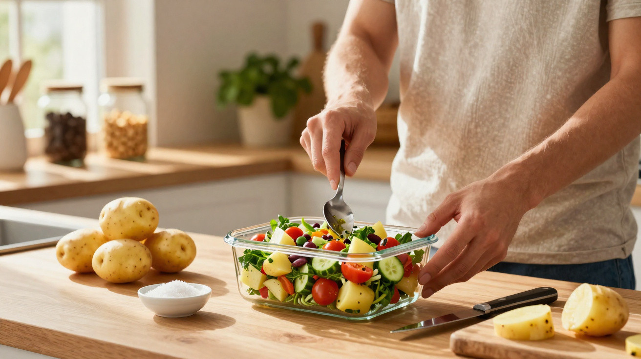 Pessoa mexendo salada com tomate, pepino, azeitona e batatas em tigela de vidro na cozinha.