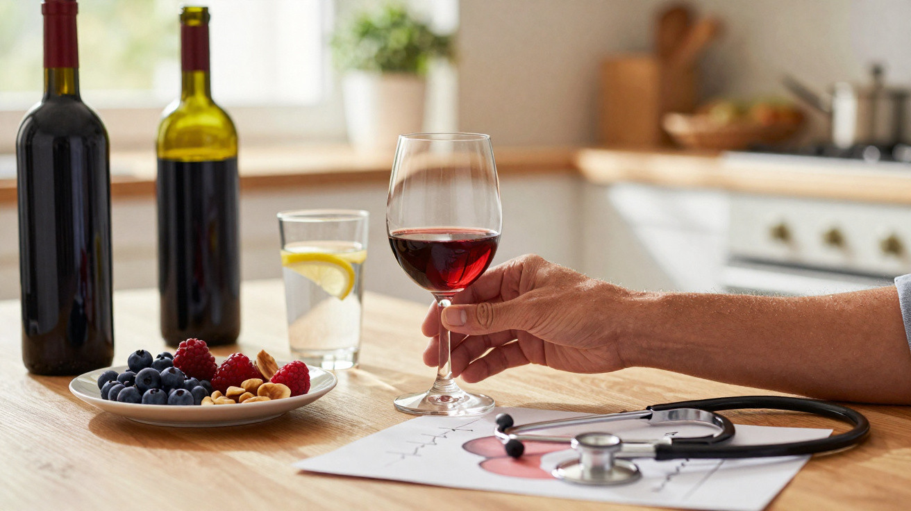 Pessoa segurando taça de vinho tinto em mesa com frutas, nuts, água com limão, garrafas e estetoscópio.