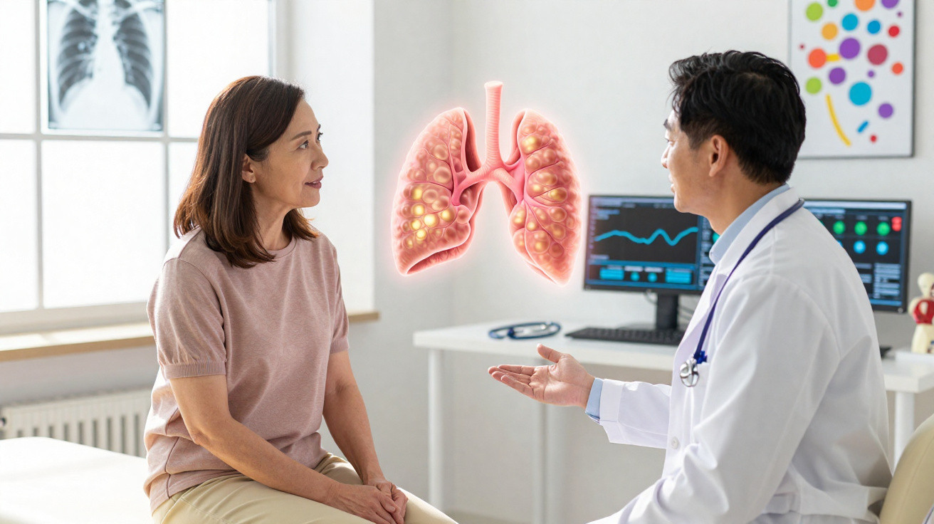 Mulher em consulta médica com doutor analisando imagem digital dos pulmões em ambiente clínico.