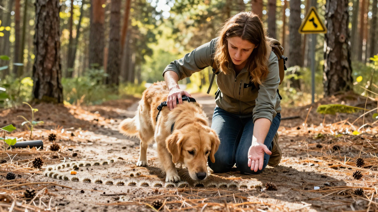 Mulher agachada orienta cão farejador em trilha de floresta com folhas e pinhas no chão.