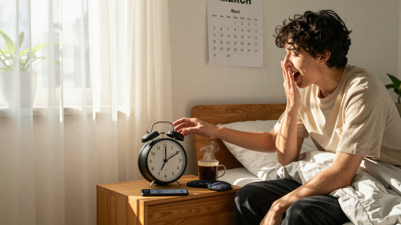 Homem acordando na cama, bocejando, e desligando despertador às 7 horas da manhã.